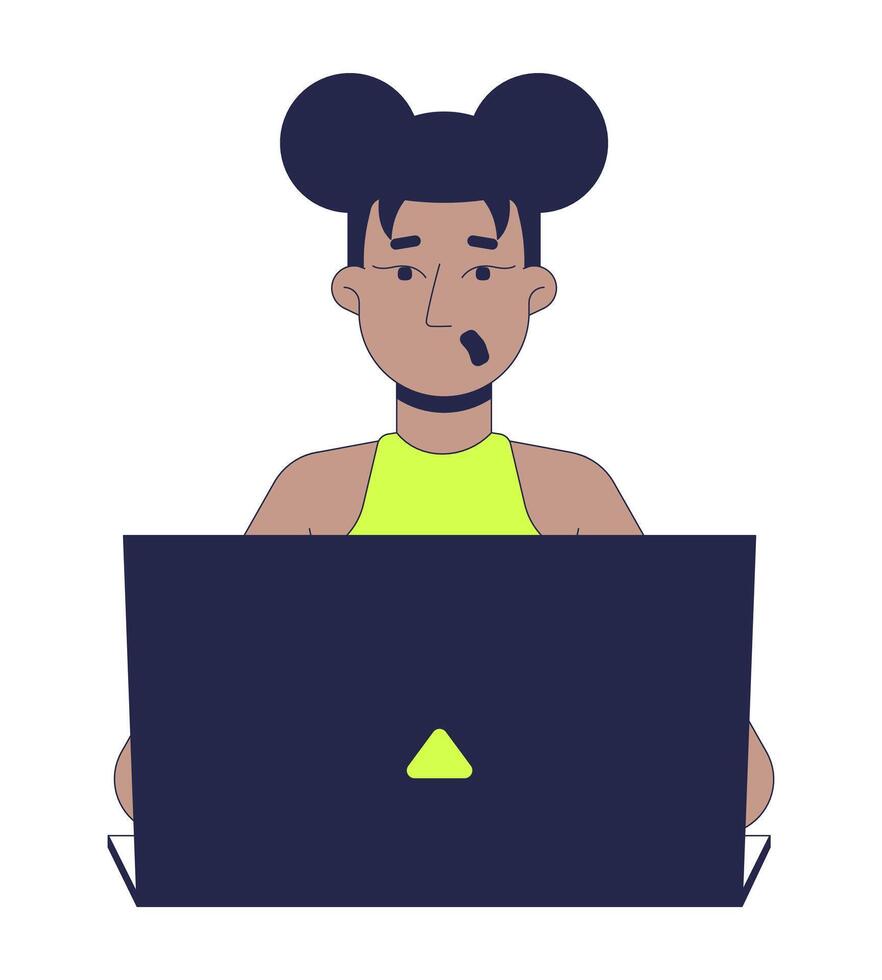 Surprised black woman working on laptop 2D cartoon character. African american girl with space buns expressing shock while typing flat person isolated on white. Spot illustration colorful vector