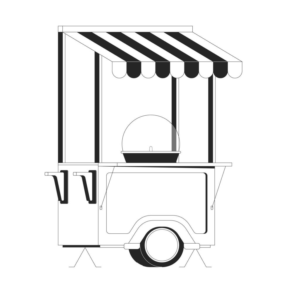 Cotton candy cart with striped canopy 2D line object. Festive and street fair theme. Mobile stand. Dessert stall. Treat station isolated clipart ink outline item. Monochrome spot illustration vector