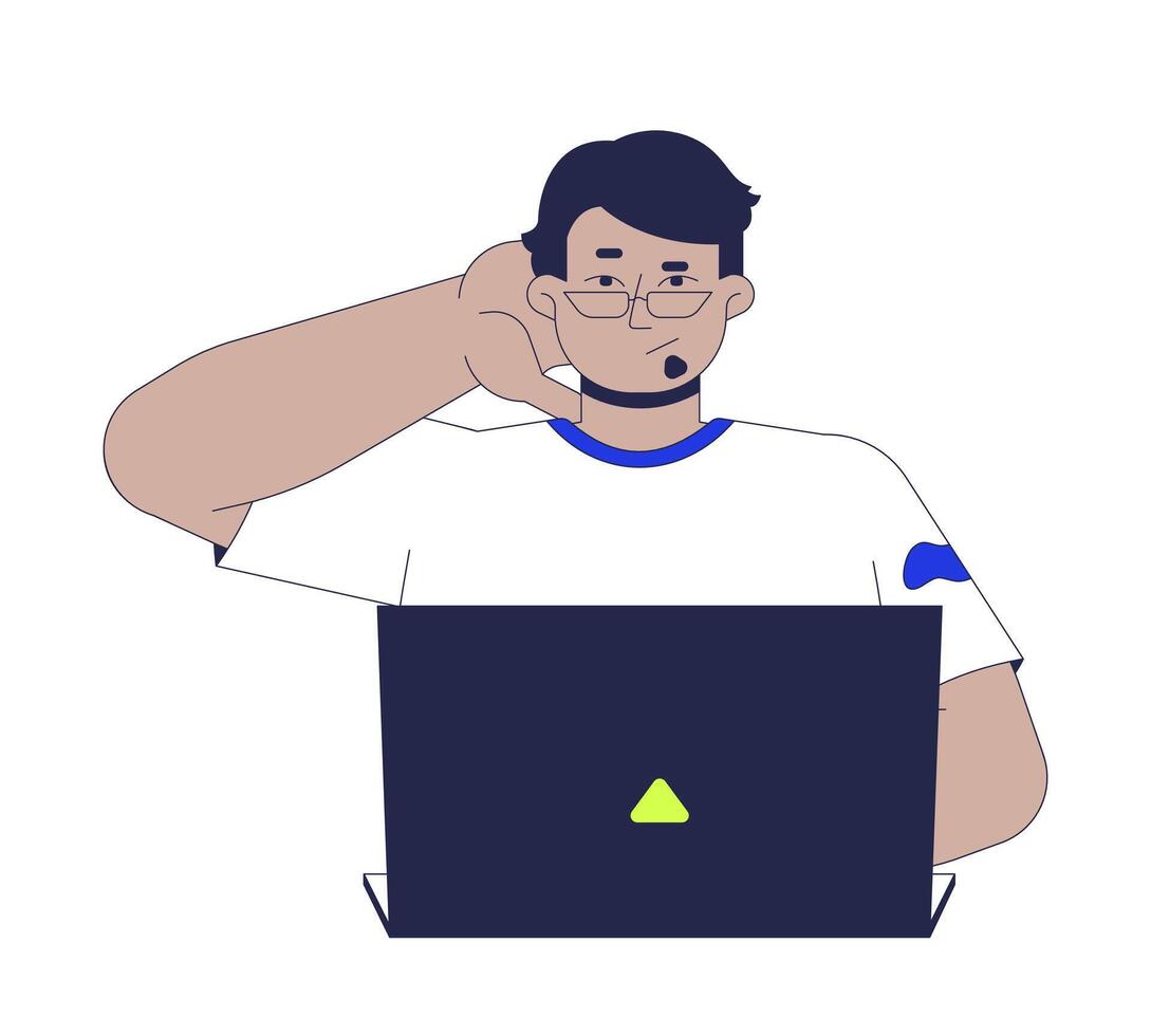 Confused arab man using laptop while scratching back of head 2D cartoon character. Frustrated middle eastern guy with puzzled gesture flat person isolated on white. Spot illustration colorful vector