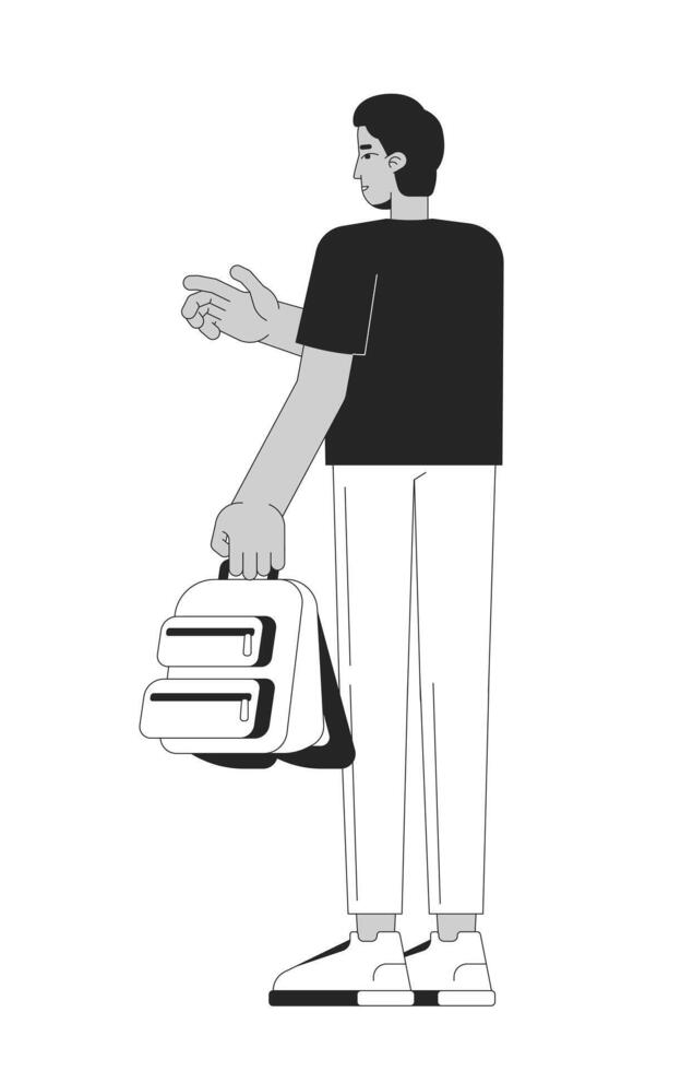 Facing away indian man holding backpack and pointing forward 2D line character. South asian young male everyday wear gesturing isolated ink outline person. Monochromatic spot illustration vector