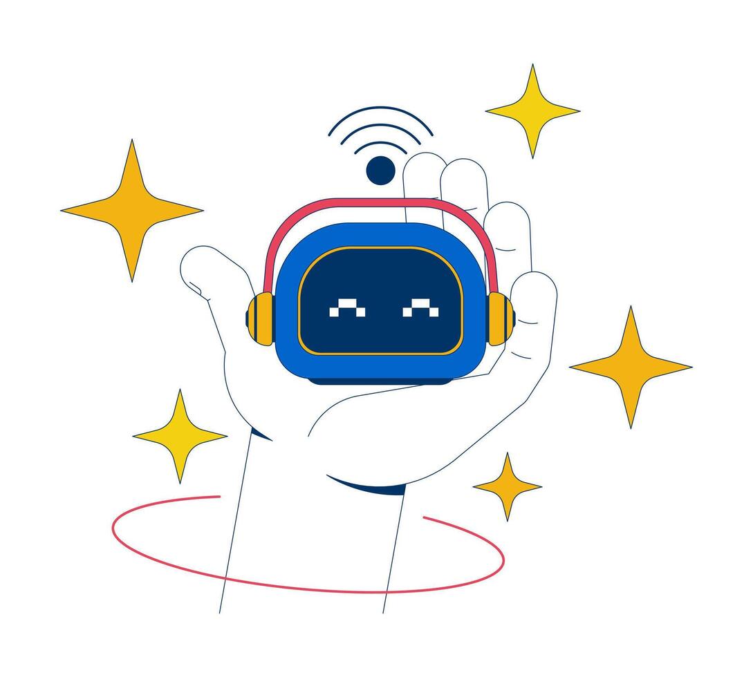 AI robot companion 2D animation. Artificial intelligence robotic toy wireless signal. Smart AI assistant with headphones animated composition cartoon flat concept metaphor 4K isolated on white vector