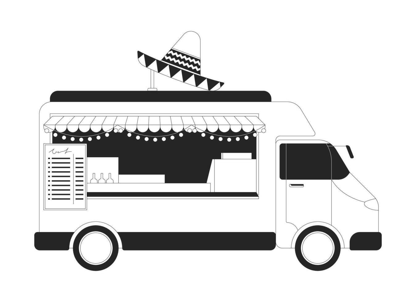Mexican food truck with sombrero and string lights 2D line object. Taco vehicle striped awning, festive cultural snack vendor isolated clipart ink outline item. Monochrome spot illustration vector