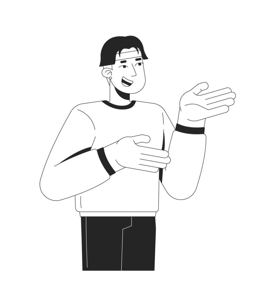Happy chinese man explaining with gestures 2D line character. Online teacher. Engaging speaker. Asian male friendly presenter isolated ink outline person. Monochromatic spot illustration vector