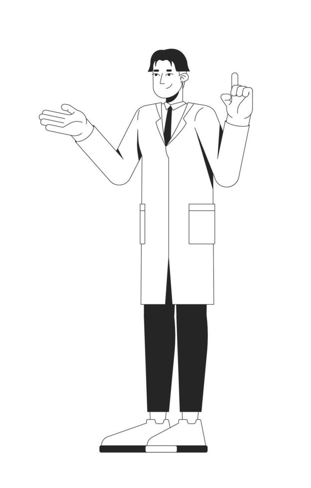 Friendly korean male scientist explaining in lab coat 2D line character. STEM researcher asian man expert presenting gesturing isolated ink outline person. Monochromatic spot illustration vector