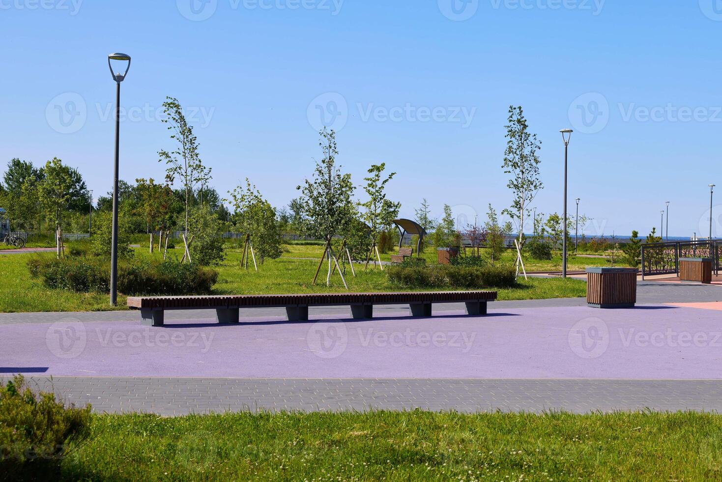 A modern and inviting park landscape featuring comfortable benches surrounded by lush greenery, photo