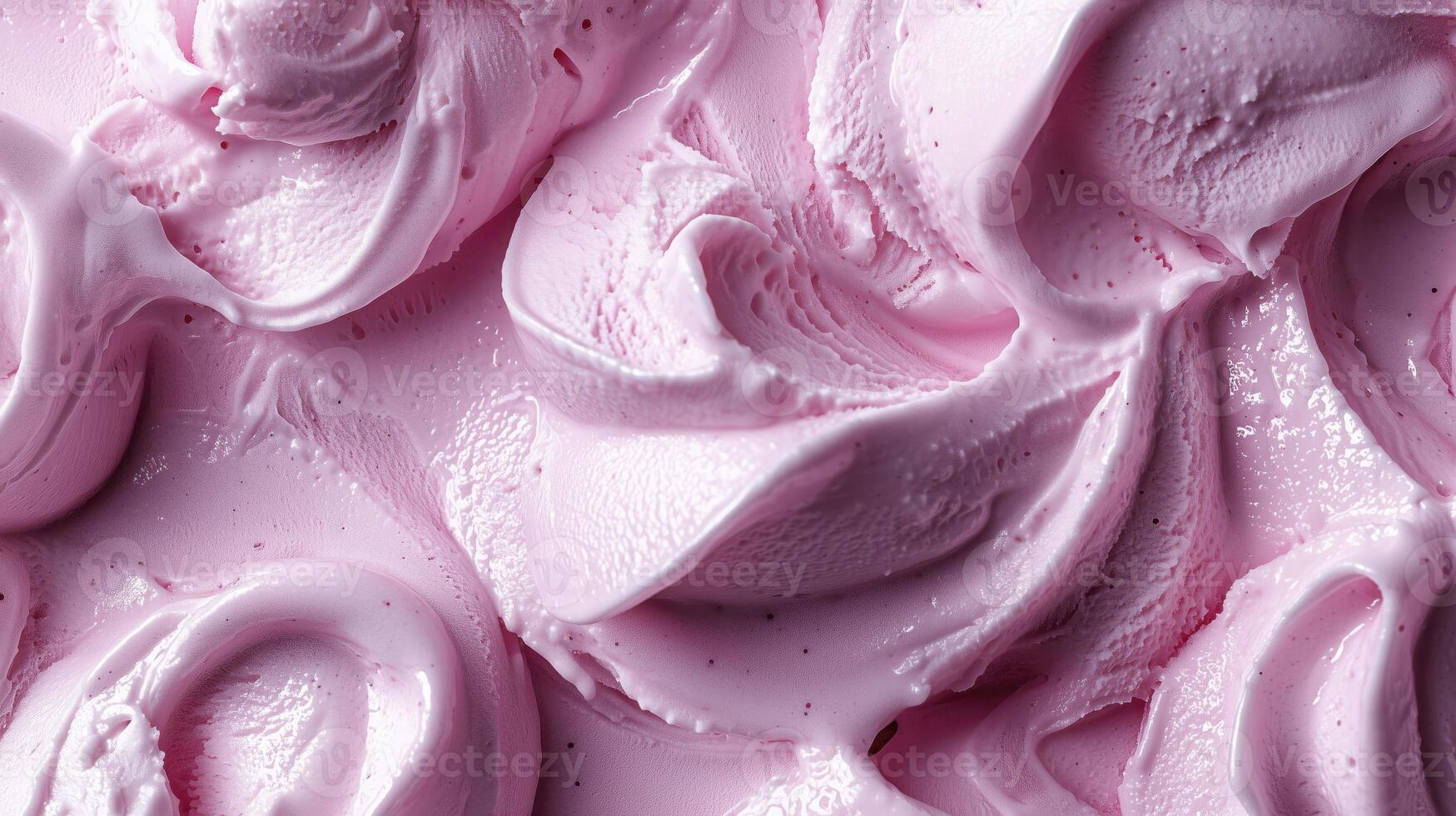 Strawberry ice cream texture close up, creamy surface swirl pattern, top view photo