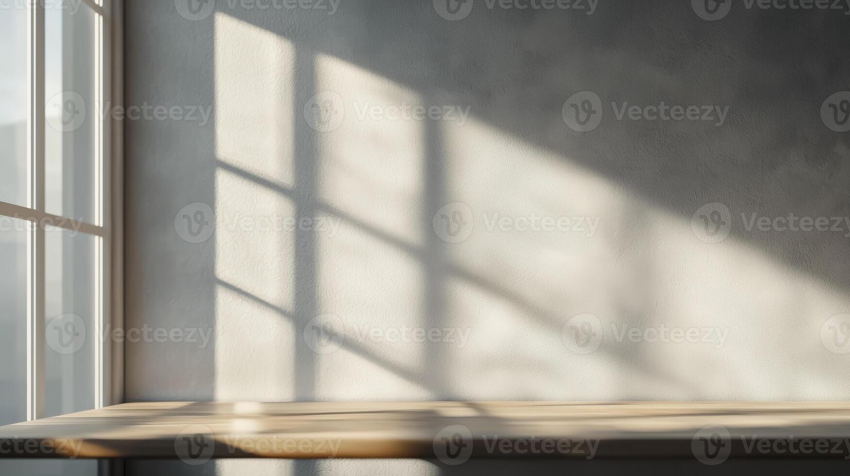 Sunlight and window shadow on white wall and wooden table surface photo