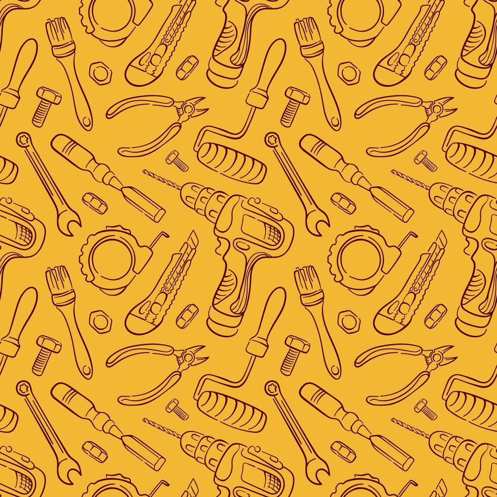 Seamless pattern with construction tools in line art style on yellow background. Design for building store with drill, Paint Roller, Tape Measure, Wire Cutter, Utility Knife, Wrench. vector