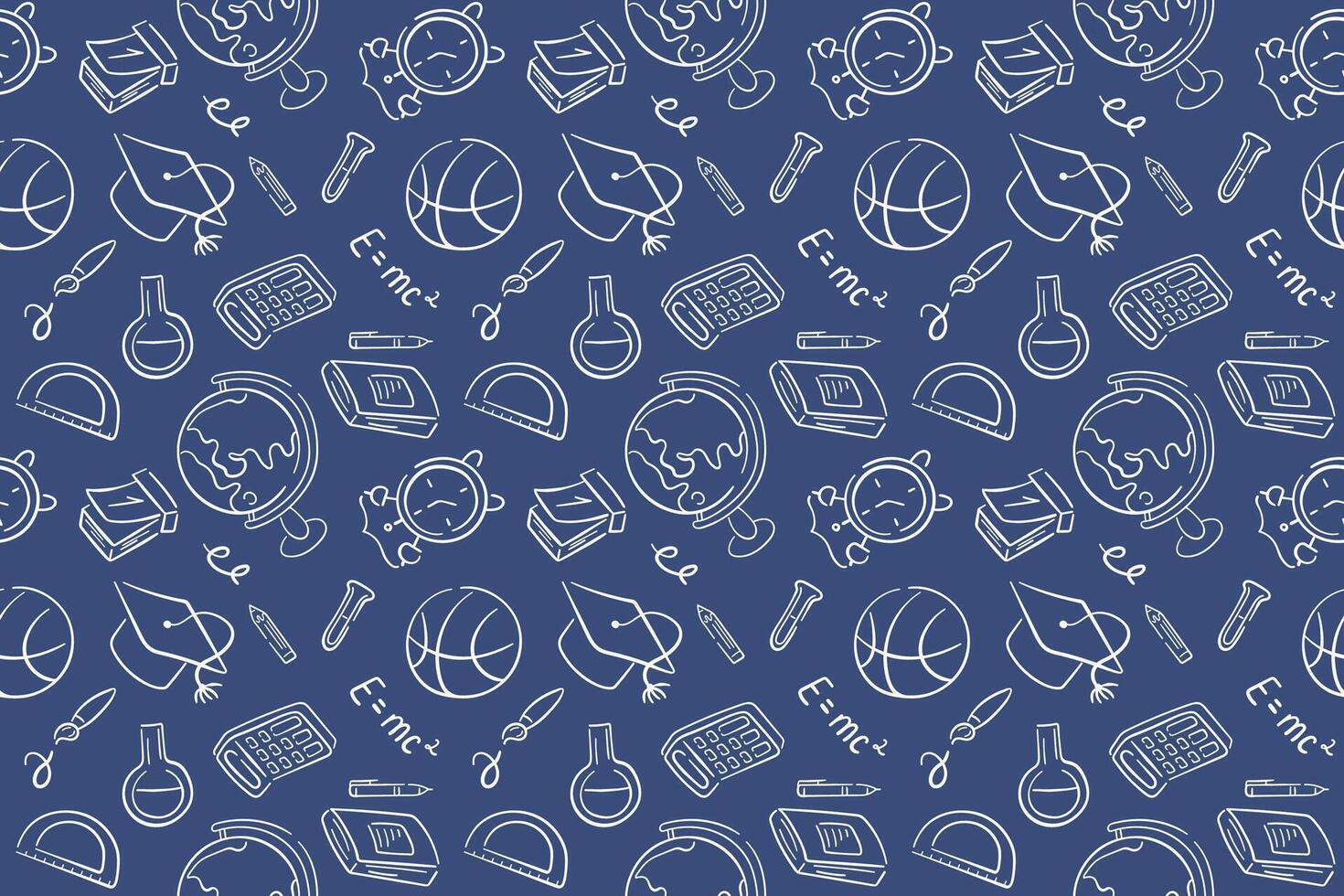 School seamless pattern in doodle style on a blue background. Back to school wallpaper with stationery, notebook, globe, calculator, calendar, basketball ball, alarm. vector