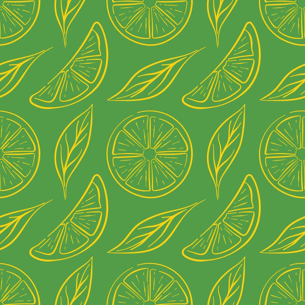 Seamless lemon slice pattern in line art style on green background. Perfect for organic food delivery packaging, kitchen wallpaper, summer cafe design and natural fruit background. vector