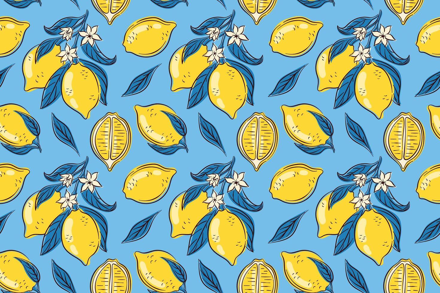 Seamless pattern of whole and slice lemon with leaves and white flower on a blue background in flat style. Perfect for summer citrus design, food packaging, kitchen textile and fresh theme. vector