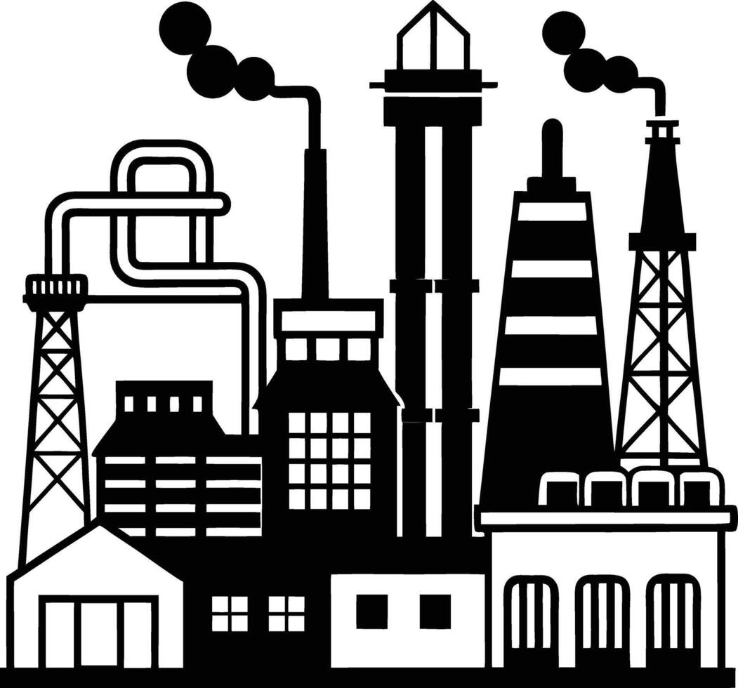 Black and White Illustration of an Industrial Complex with Factories Oil Derricks and Smoke Stacks factory vector