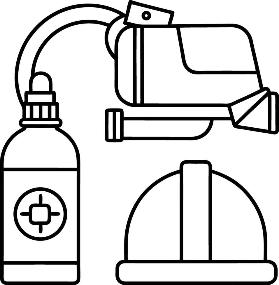 Line art illustration of a fire extinguisher first aid kit and hard hat safety equipment vector