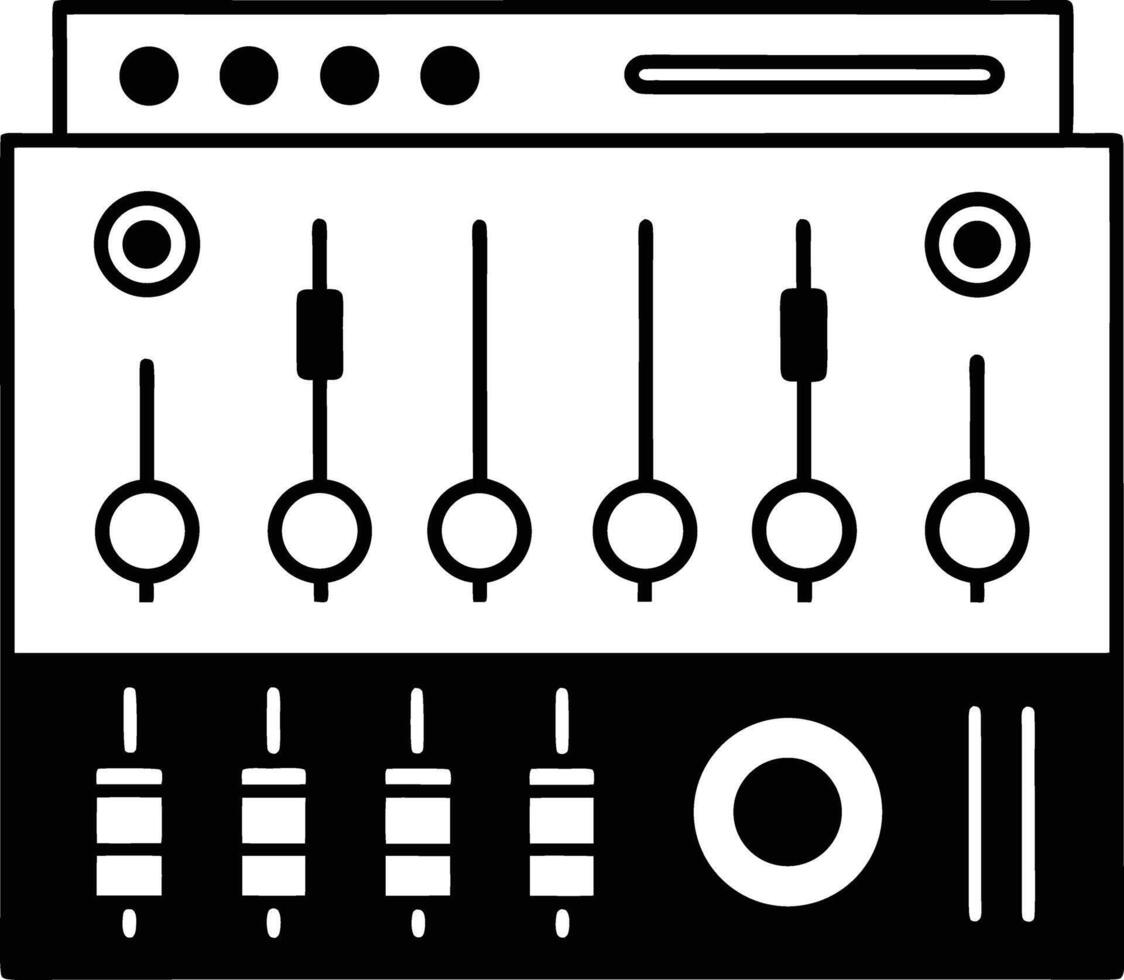 Black and white silhouette of audio mixer control panel with dials sliders switches and knobs vector