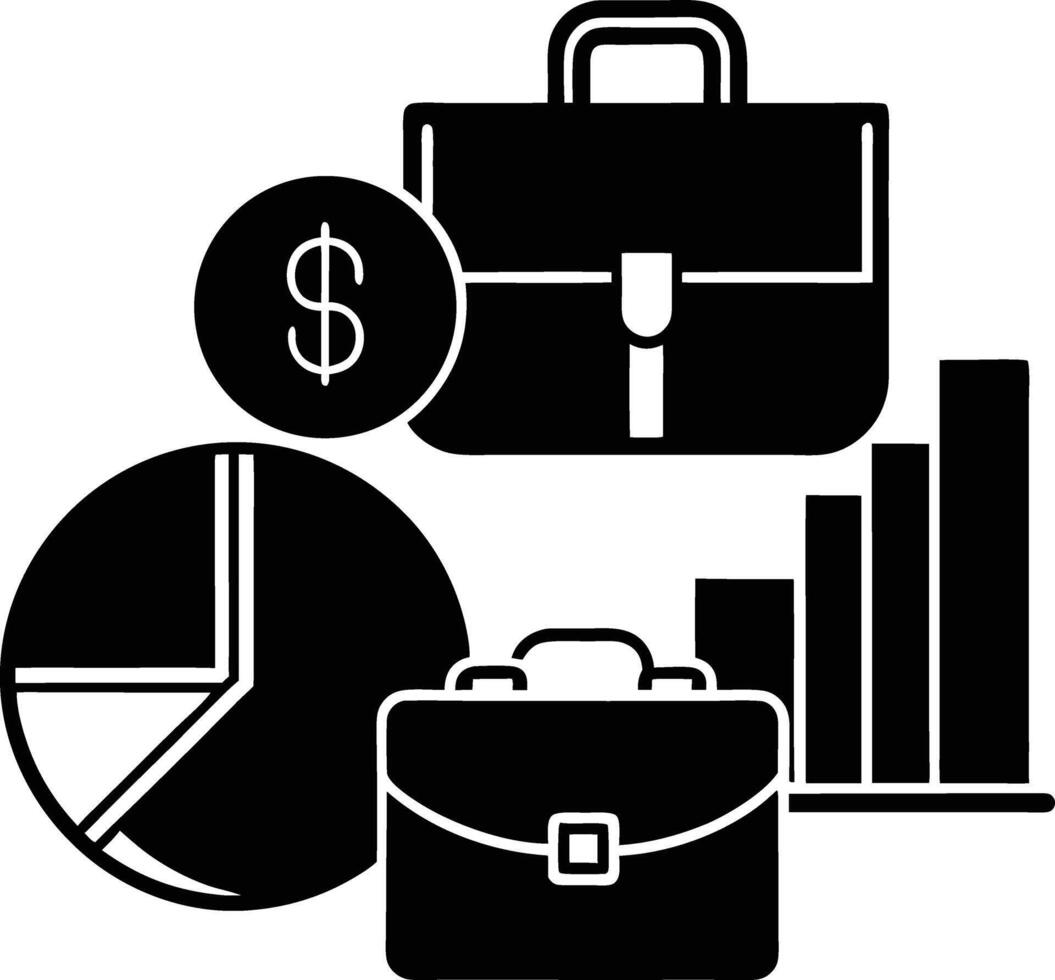 Black and White Business Icons Briefcases Pie Chart Bar Graph Dollar Sign Finance Investment Success Strategy vector