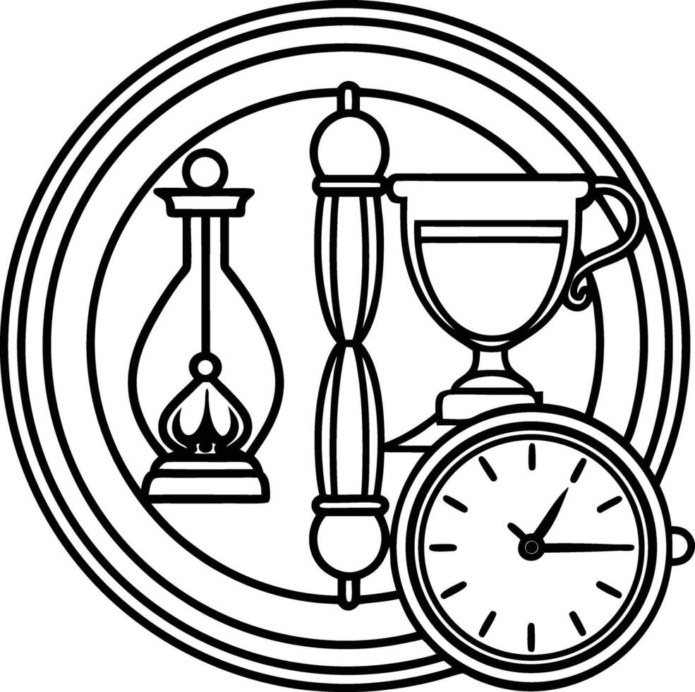 Black and White Line Art Illustration of Hourglass Oil Lamp Cup and Pocket Watch in Circular Frame vector