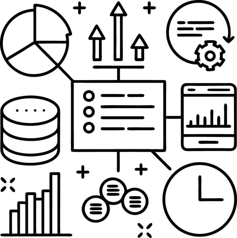 Black and White Data Analysis Infographic with Pie Chart Bar Graph Database Mobile App Clock and Upward Arrows vector