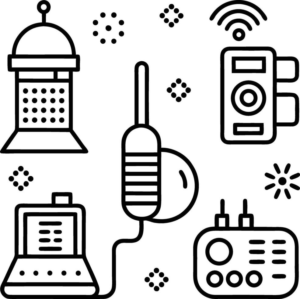 Black and White Line Art Icons of Retro Telephones Radios and Messaging Devices message vector