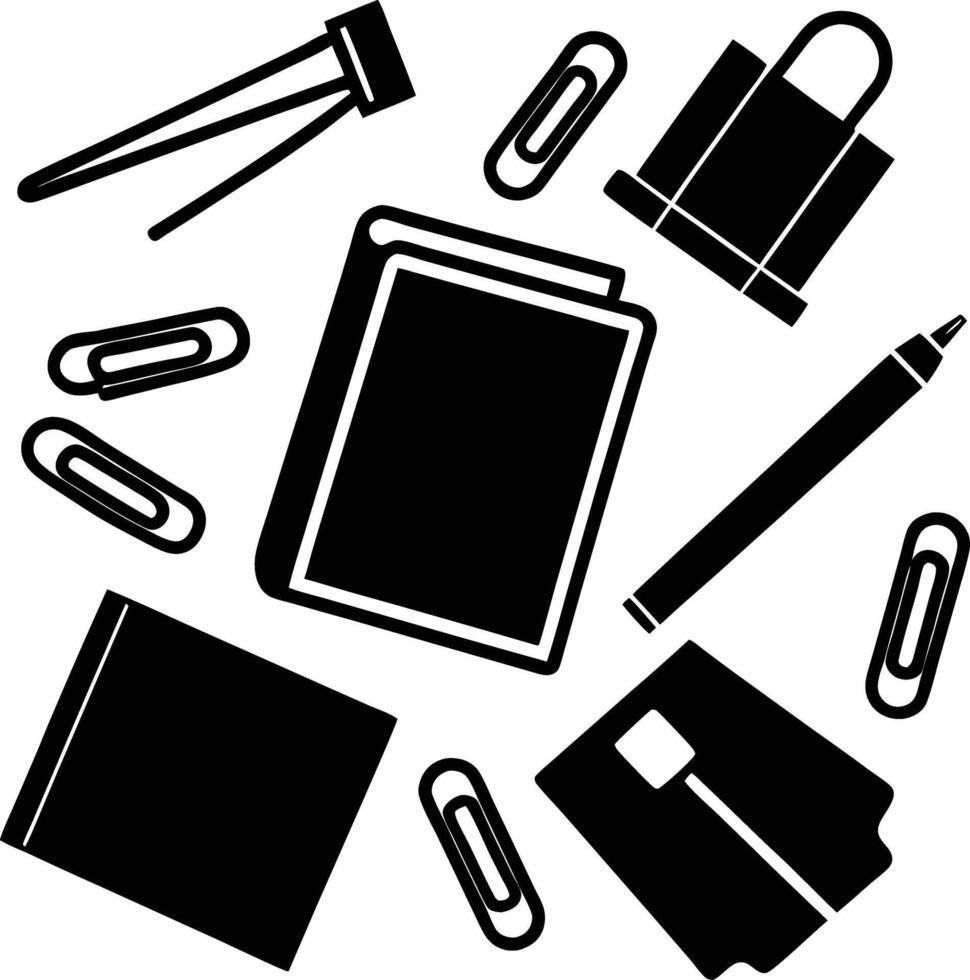 Black and White Illustration of Stationery Items Scattered Notebook Paperclips Pen Shopping Bag vector
