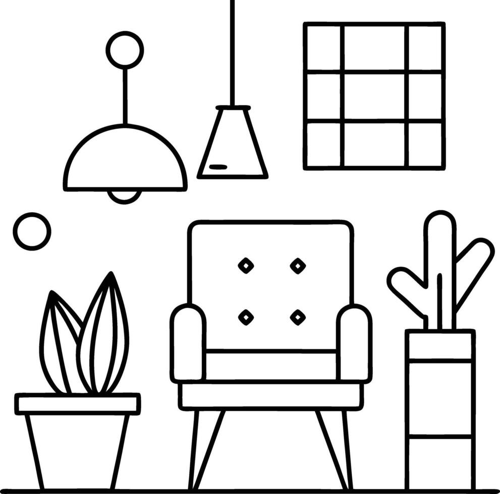 Line art illustration of a living room interior featuring an armchair potted plants hanging lamps and a geometric wall decor piece vector