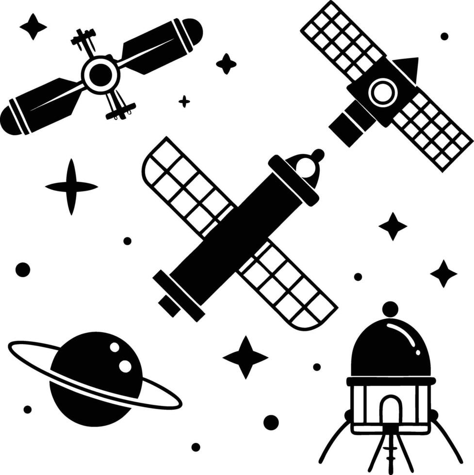 Black and white illustration of satellites planet and spaceship in outer space stars vector