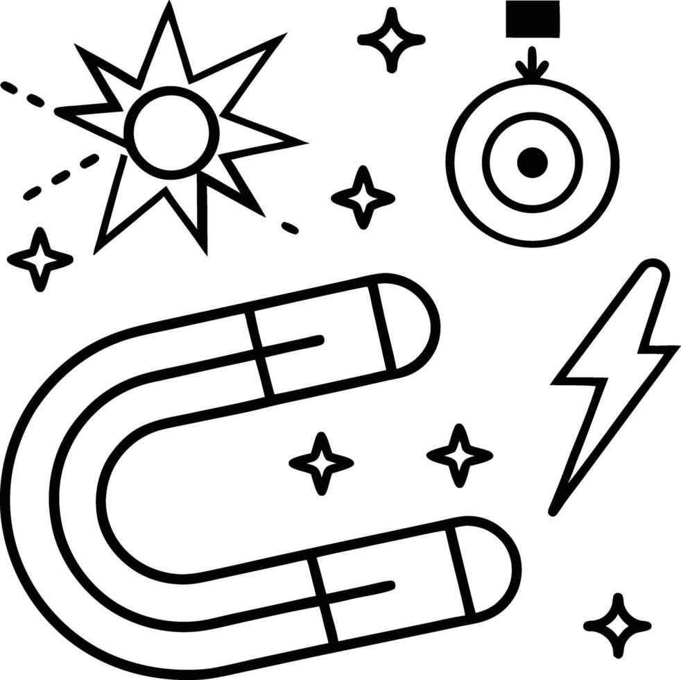 Black Line Art Illustration of Horseshoe Magnets Magnetic Fields and Energy Sparks vector