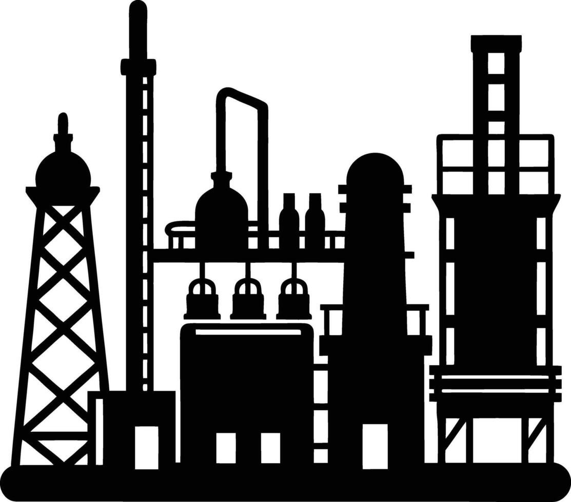 Black Silhouette Illustration Refinery Towers Oil Barrels Industrial Complex vector