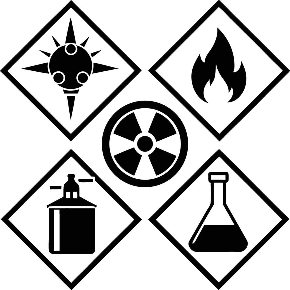 Black Silhouette Chemical Hazard Symbols Explosives Fire Radiation Container Flask white vector