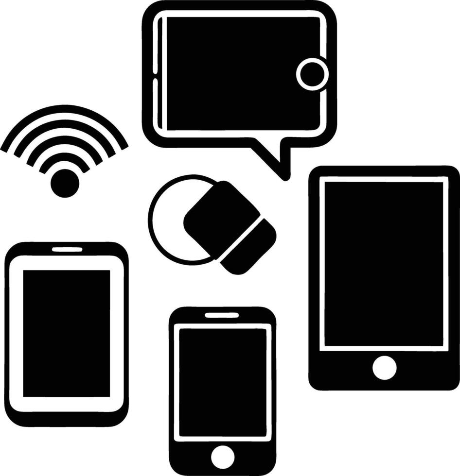 Black and White Smartphone Tablet and Wifi Icon Set Digital Device Communication Technology Illustration vector