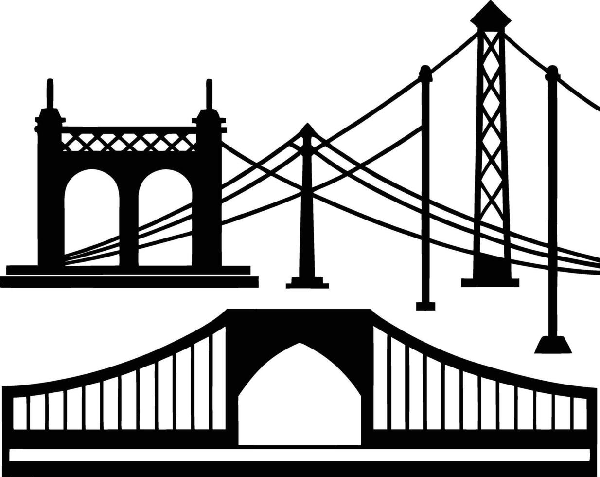 Black and White Silhouette Illustration Three Different Bridge Designs Suspension Bridge Arch Bridge Modern Bridge vector