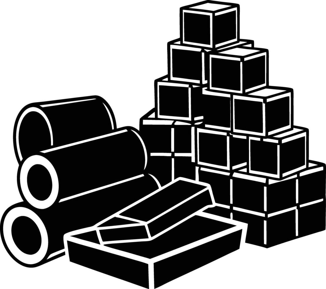 Black Silhouette Illustration of Concrete Blocks Bricks and Cylinders vector
