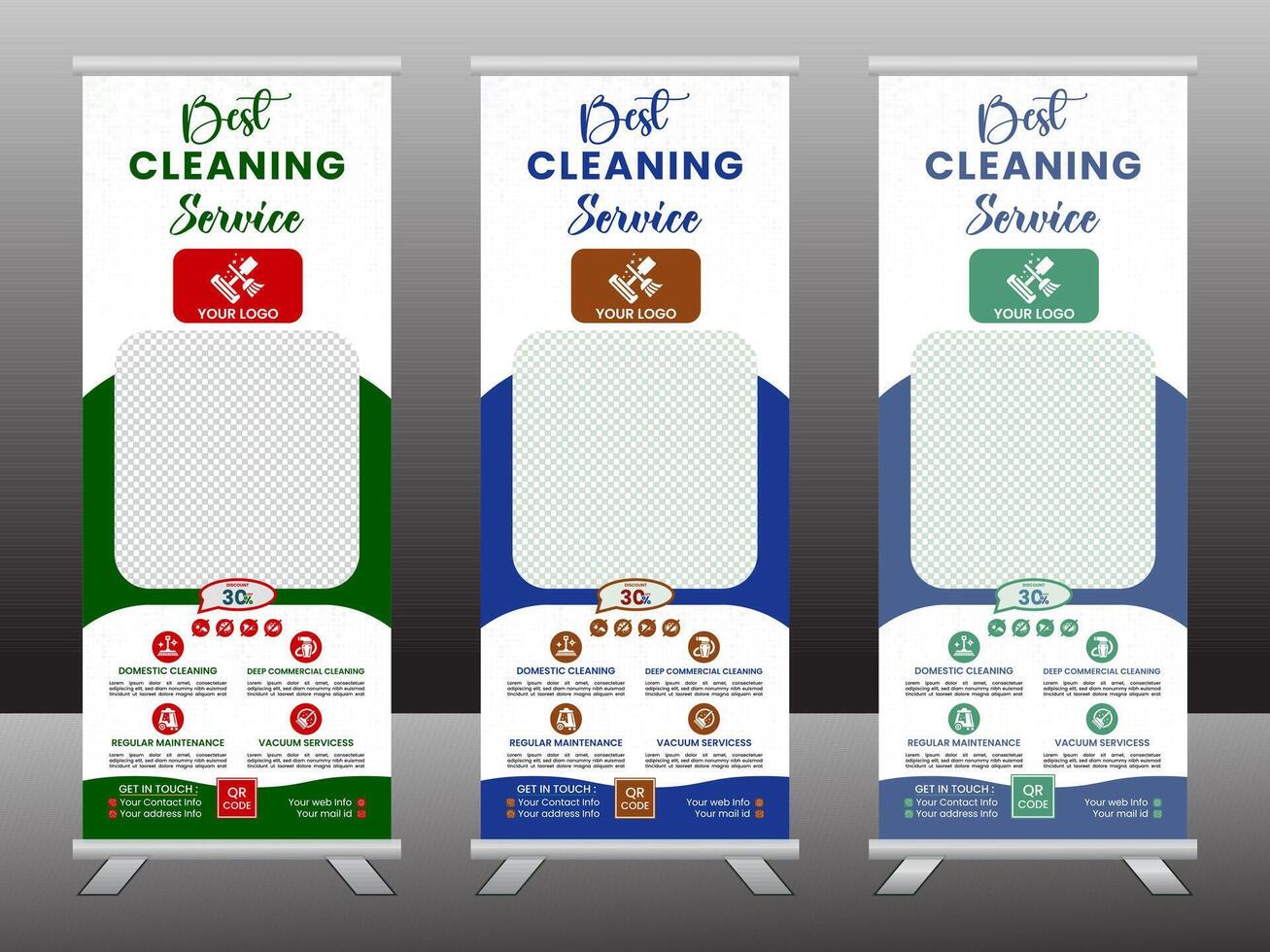 Dust cleaning services roll up banner design. Cleaning service social media template design. Editable cleaning services roll up banner design vector
