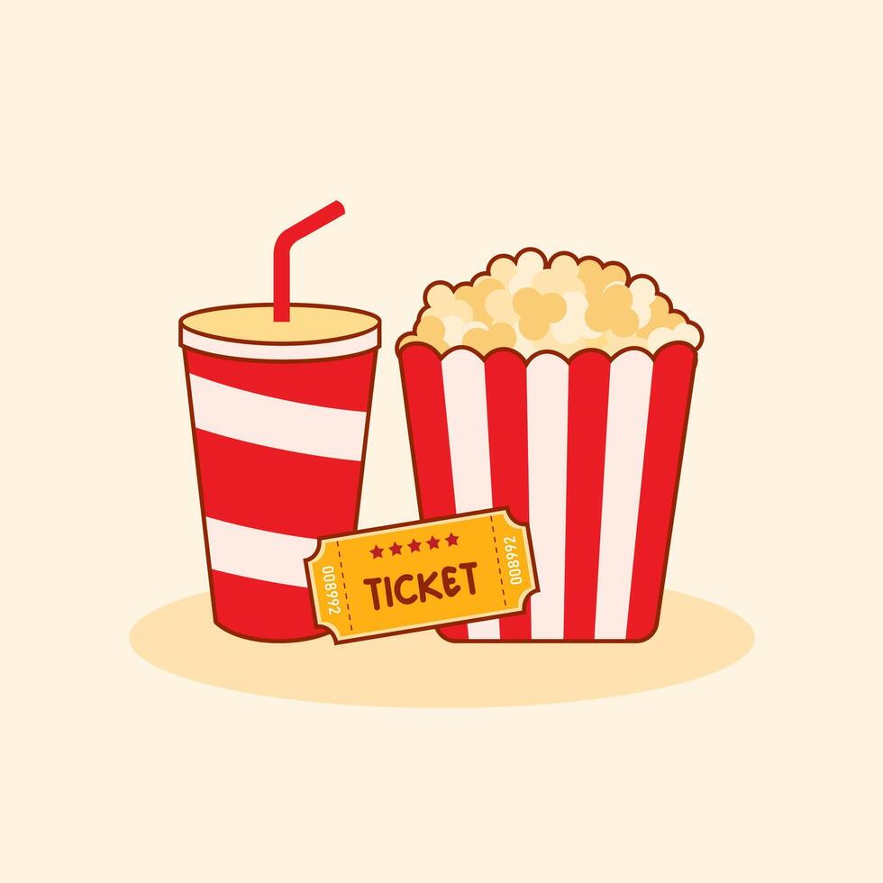 Popcorn soda illustration. Ticket cinema movie cute flat design vector