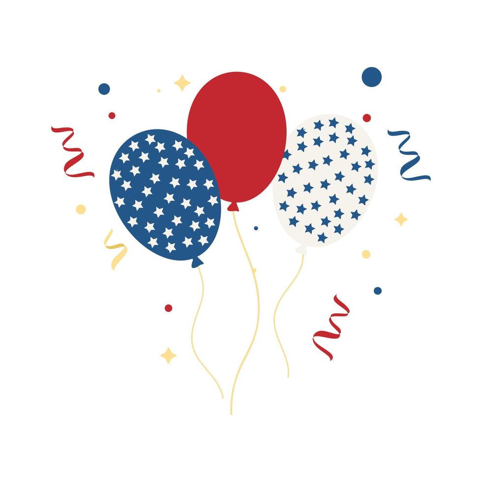 Festive Red White Blue and Gold Balloon Trio Sprinkled with Stars for Fourth of July Celebration vector