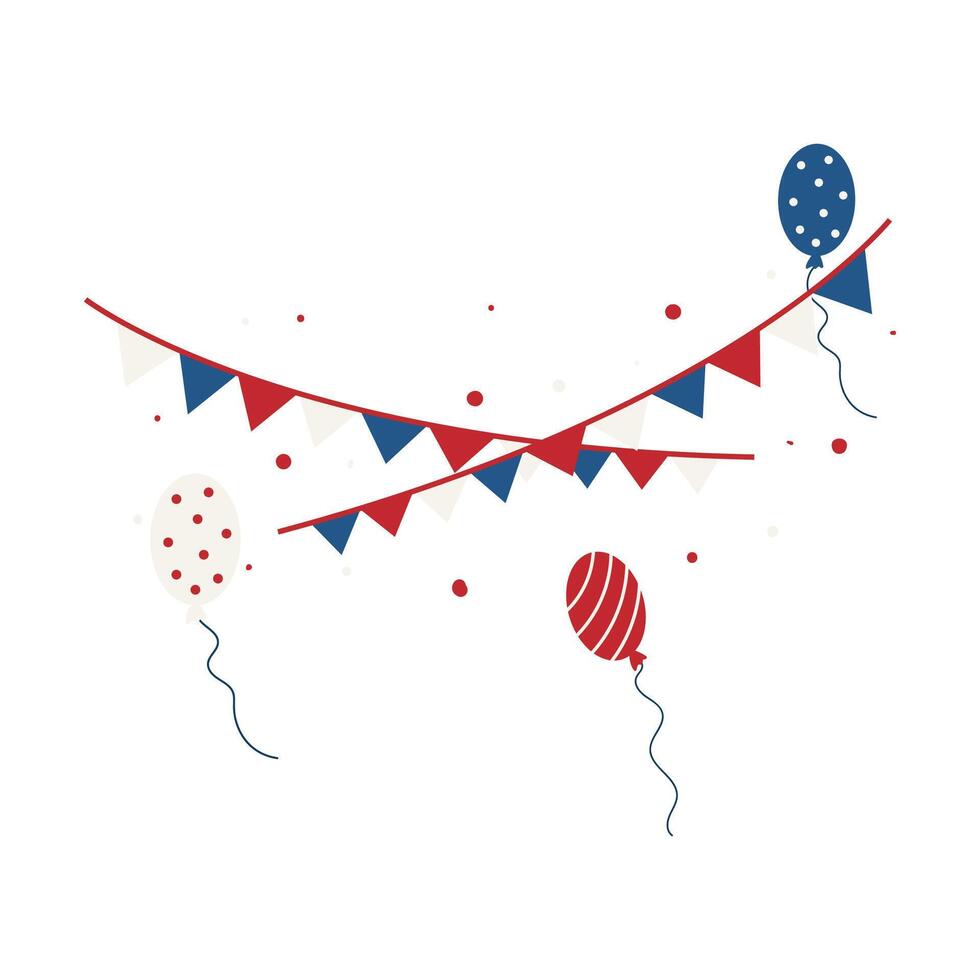 Patriotic Red White and Blue Flag Bunting with Festive Balloons and Confetti for Independence Day Celebration vector