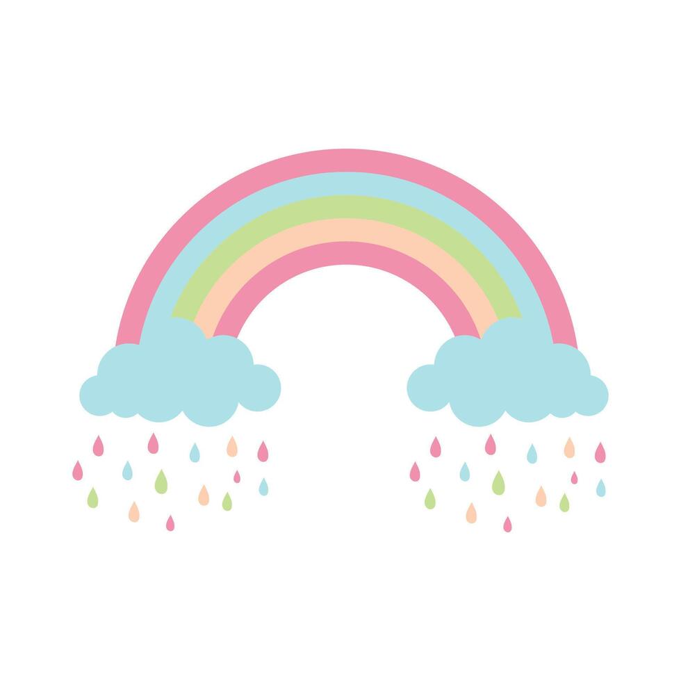 Pastel Rainbow with Light Blue Clouds and Colorful Rain Drops vector