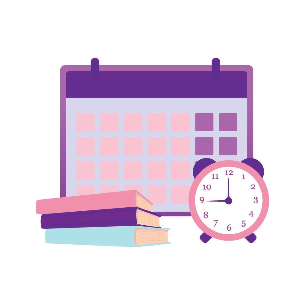 Purple Calendar with Pink Alarm Clock and Books for Planning Study Time vector