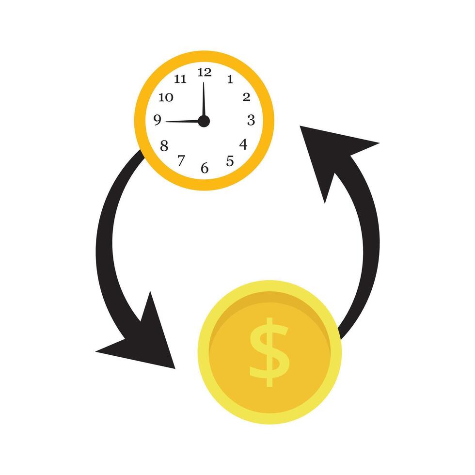 Yellow Clock and Gold Dollar Coin with Black Arrows Representing Time is Money vector