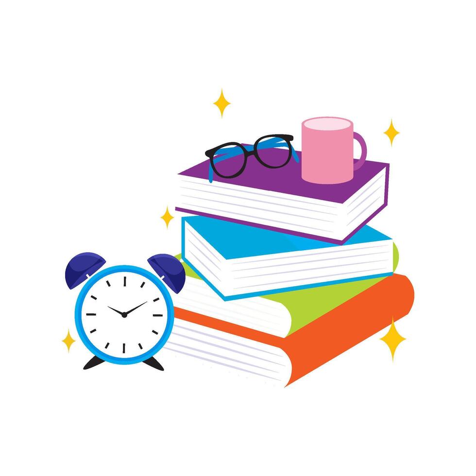 stack of books with clock and glasses vector