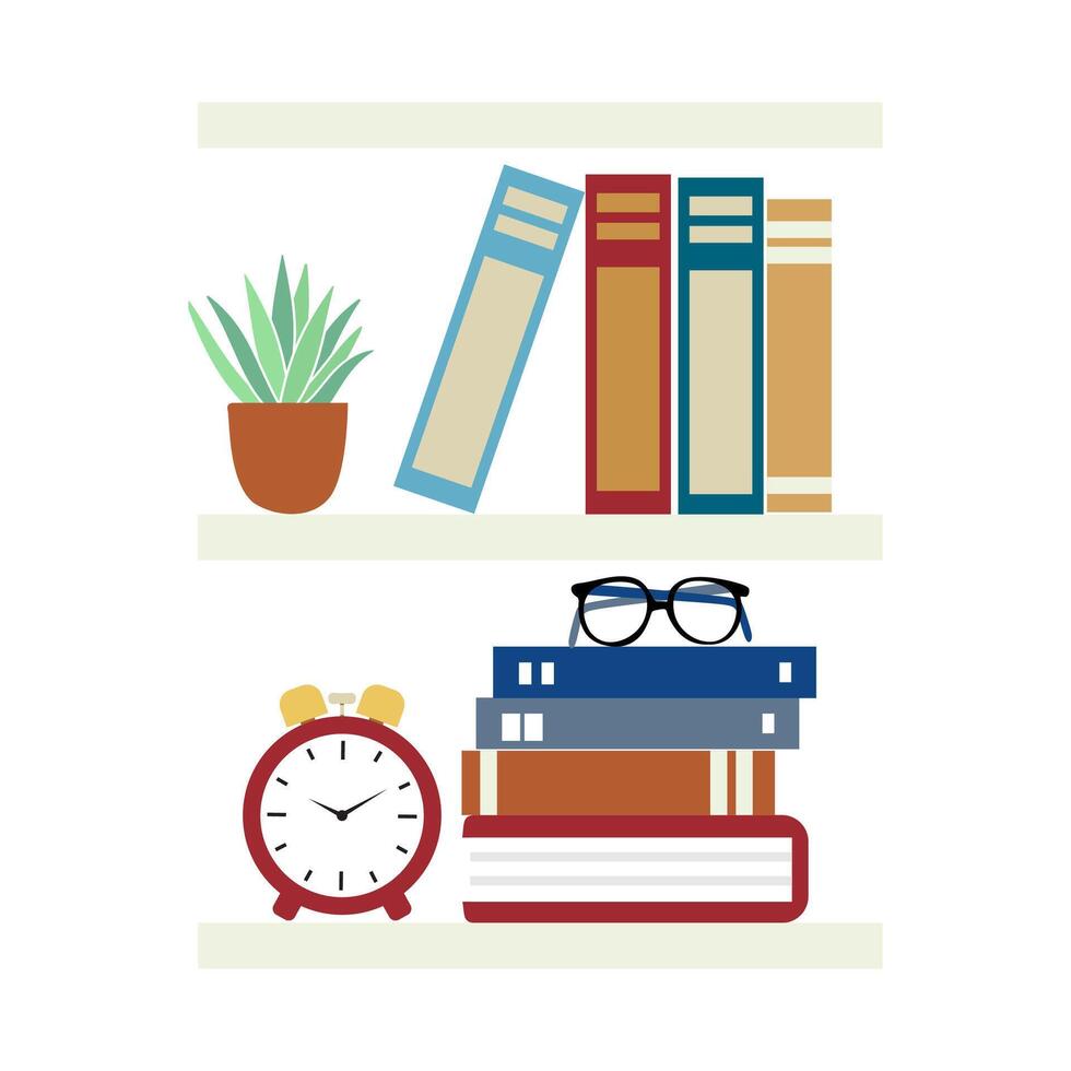 Books and clock on a shelf vector