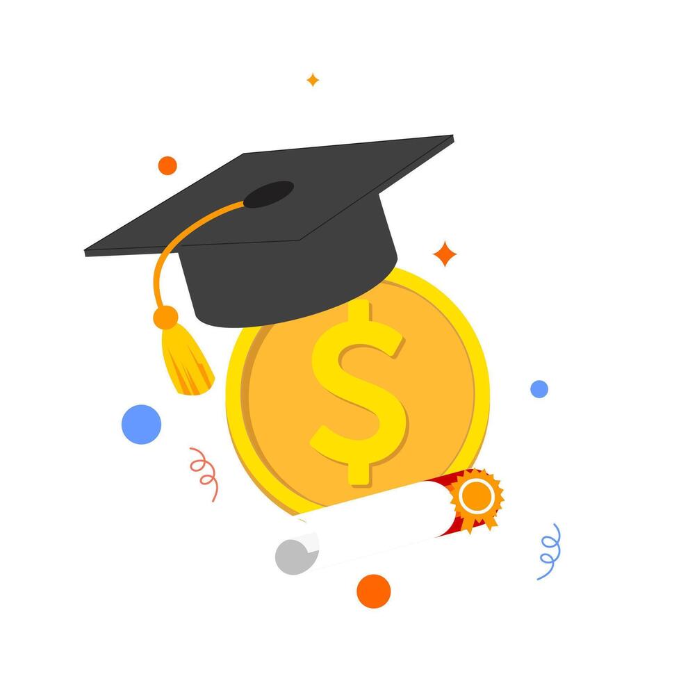 Black Graduation Cap with Yellow Tassel Golden Coin and Certificate Scroll for Academic Success and Financial Achievement Celebration vector