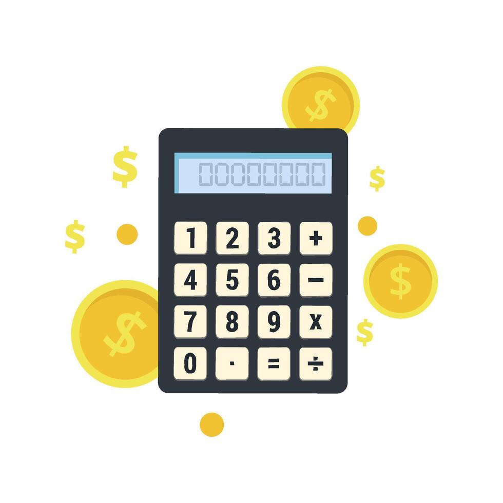 Black Calculator with White Buttons and Yellow Dollar Coins for Finance vector