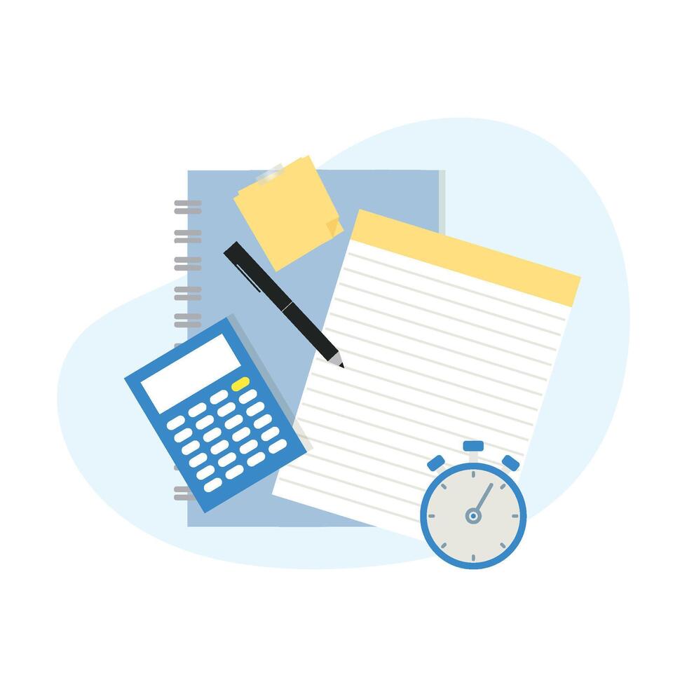 Blue Calculator with Black Pen, Yellow Sticky Notes, and Stopwatch on White Lined Paper for Productivity vector