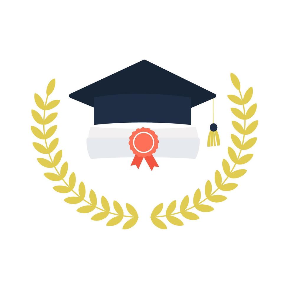 Graduation Achievement with Blue Cap White Diploma Red Seal and Golden Laurel Wreath vector