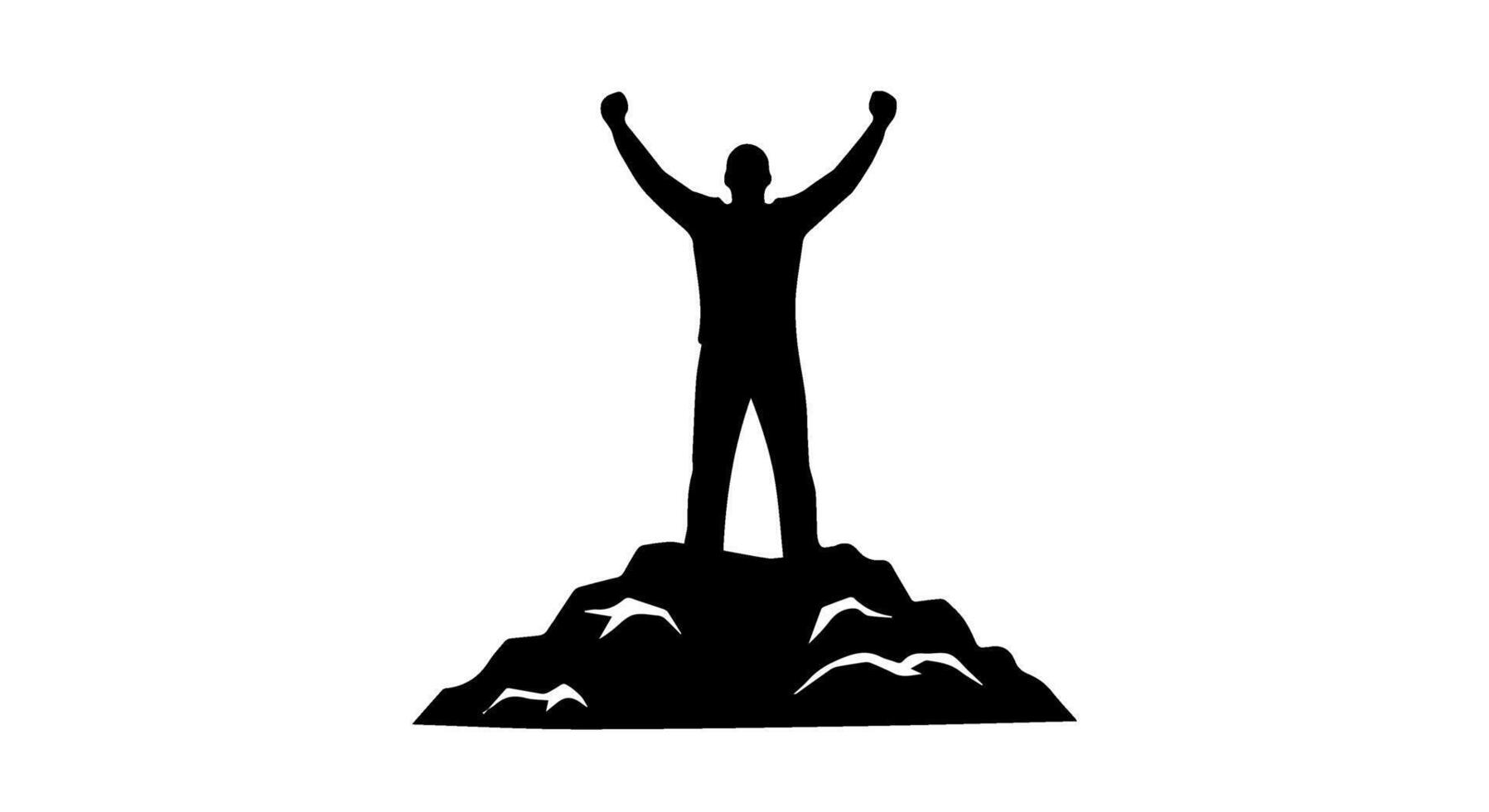 Minimalist Flat Illustration of Triumphant Male Silhouette Standing on Rugged Terrain with Raised Fists in Victory Pose vector