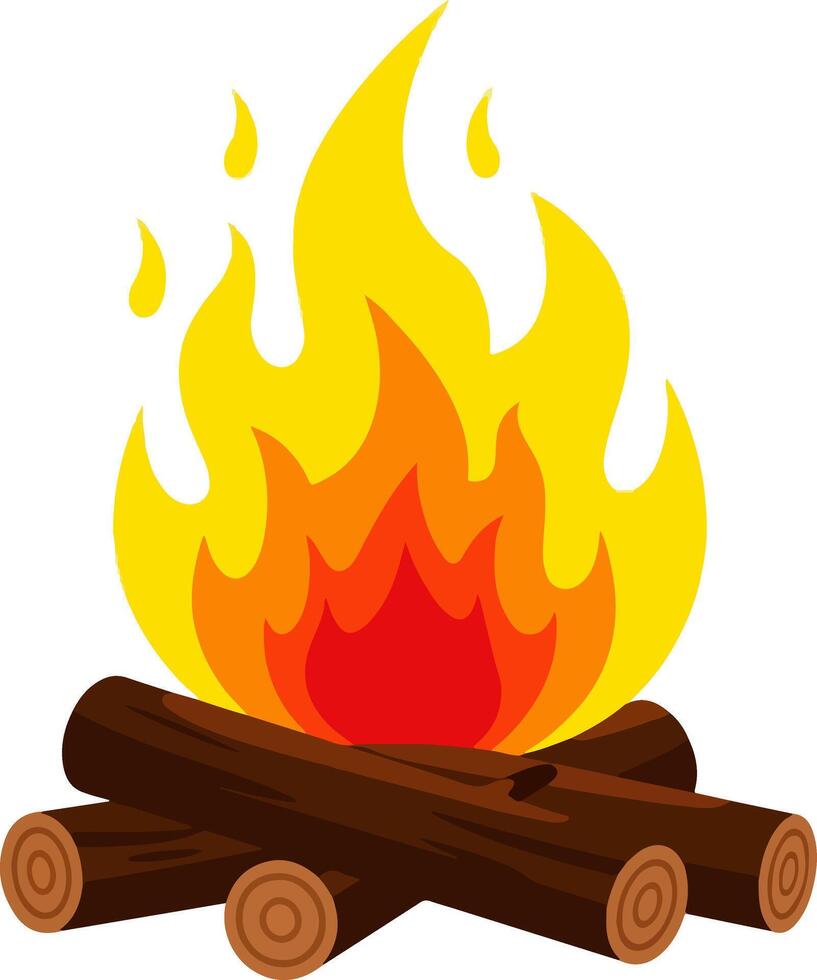 Flat Style Stylized Campfire with Smooth Dark Brown Logs and Vibrant Layered Flame in Yellow, Orange, and Red Orange vector