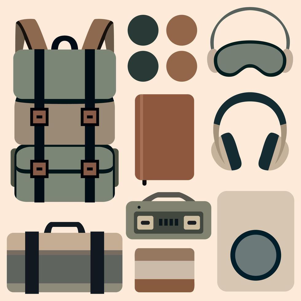 Muted tone set of modern travel gear, featuring backpack, suitcase, headphones, duffel bag, notebook, and sleep mask. Perfect for planner stickers, digital kits, or adventure branding. vector
