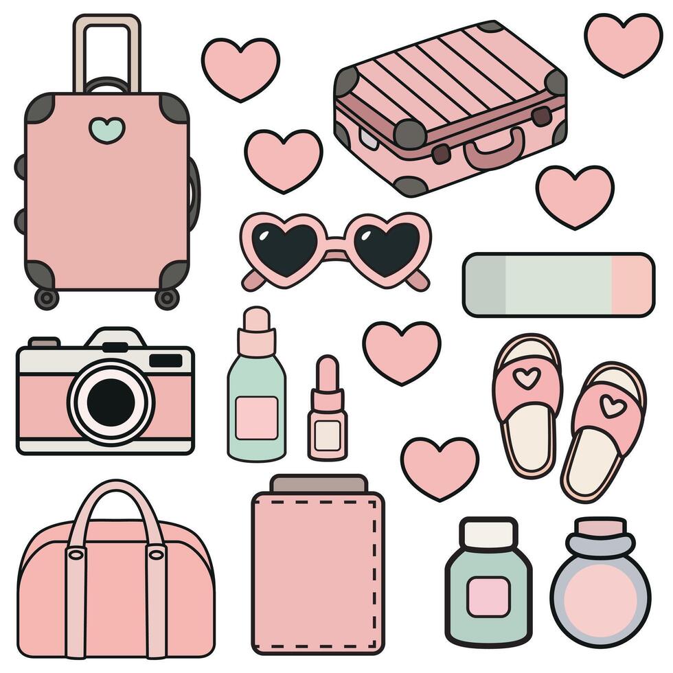 Chic travel-themed set in soft pink tones featuring suitcases, heart sunglasses, slippers, cosmetics, and travel essentials. Perfect for planner stickers, blogs, or lifestyle content. vector