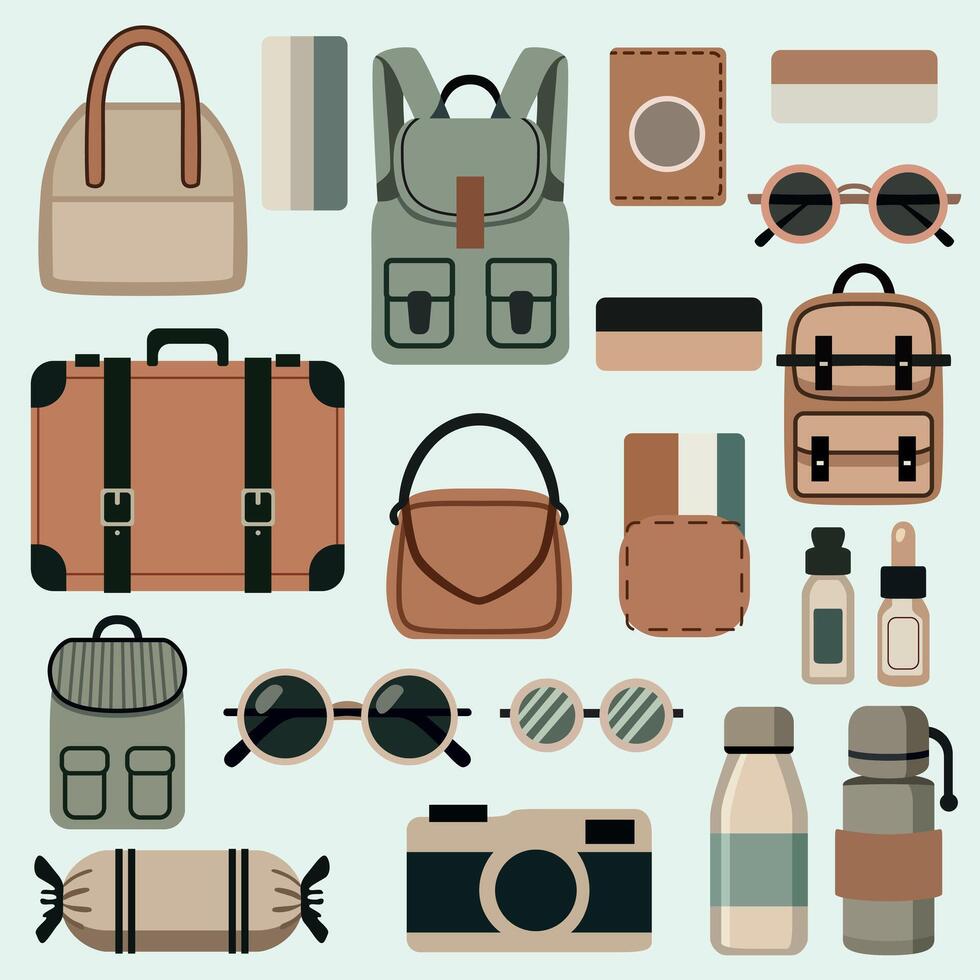 Collection of travel accessories and bags vector
