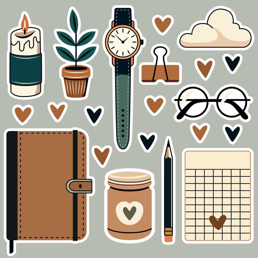Colorful stickers of various everyday objects vector